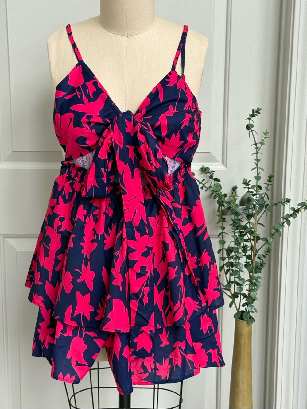 Fashion Nova Navy & Hot Pink Floral Tie-Front Romper